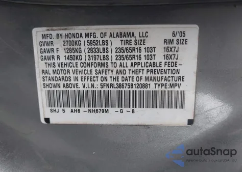2005 Honda Odyssey Ex-L from USA, damaged, VIN 5FNRL38675B120881